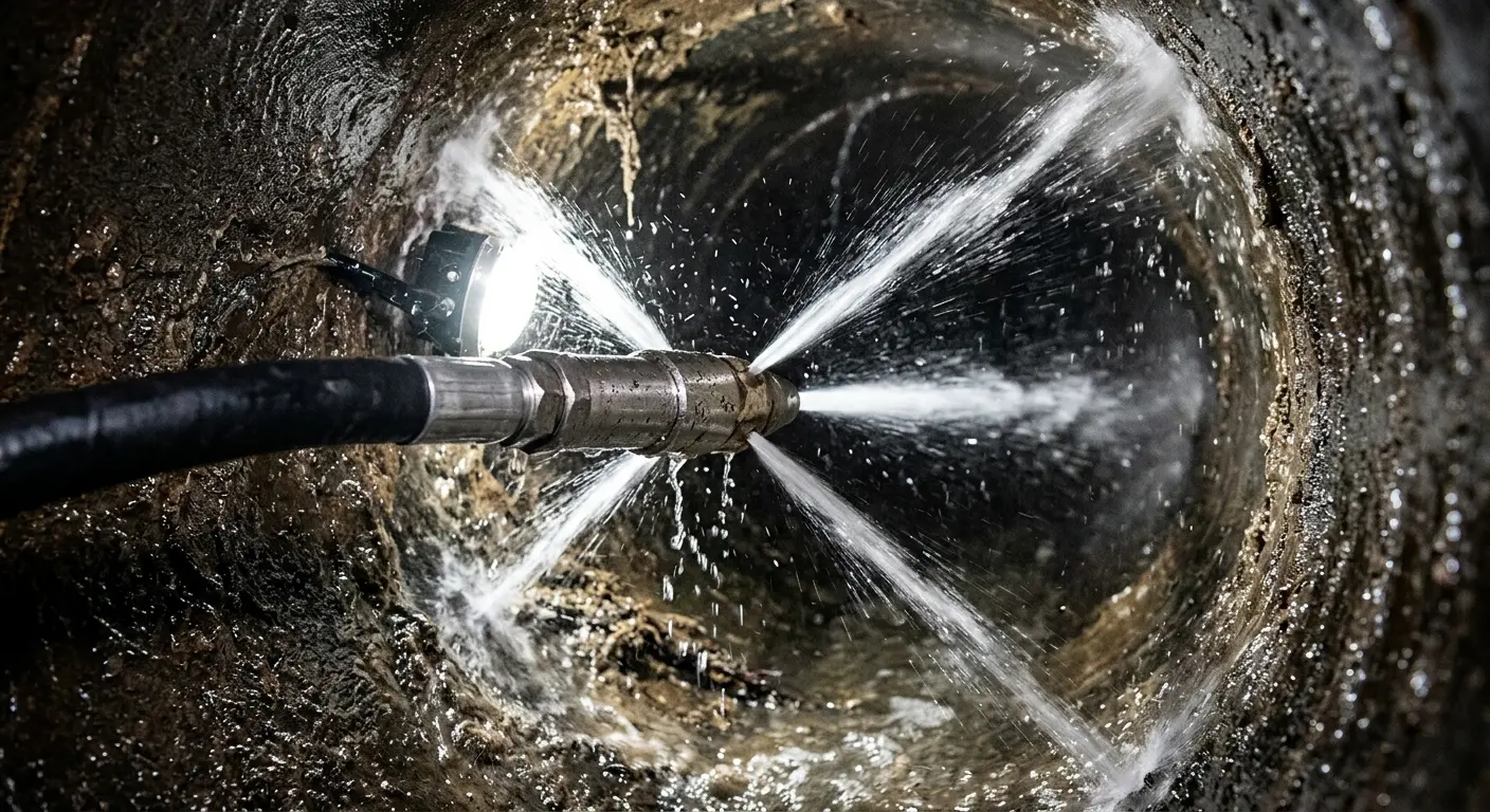High-pressure hydro jetting nozzle cleaning sewer pipe for Trenchless Sewer Repair in Bellevue