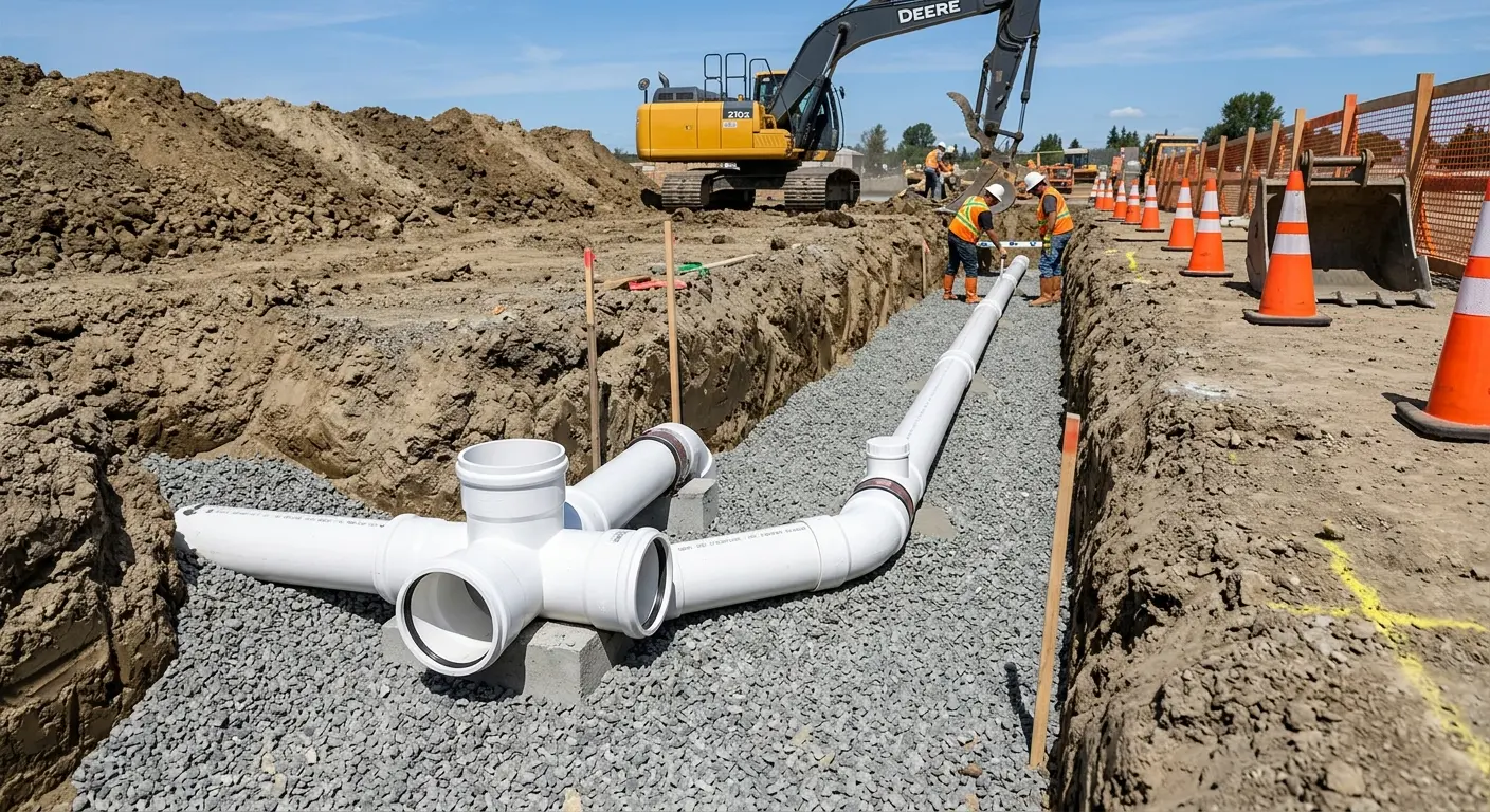 New PVC sewer pipe installation in open trench for Sewer Backup in Bellevue